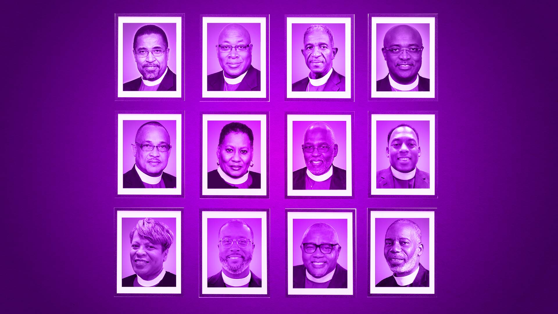 A purple wall with many faces of men in white shirts.